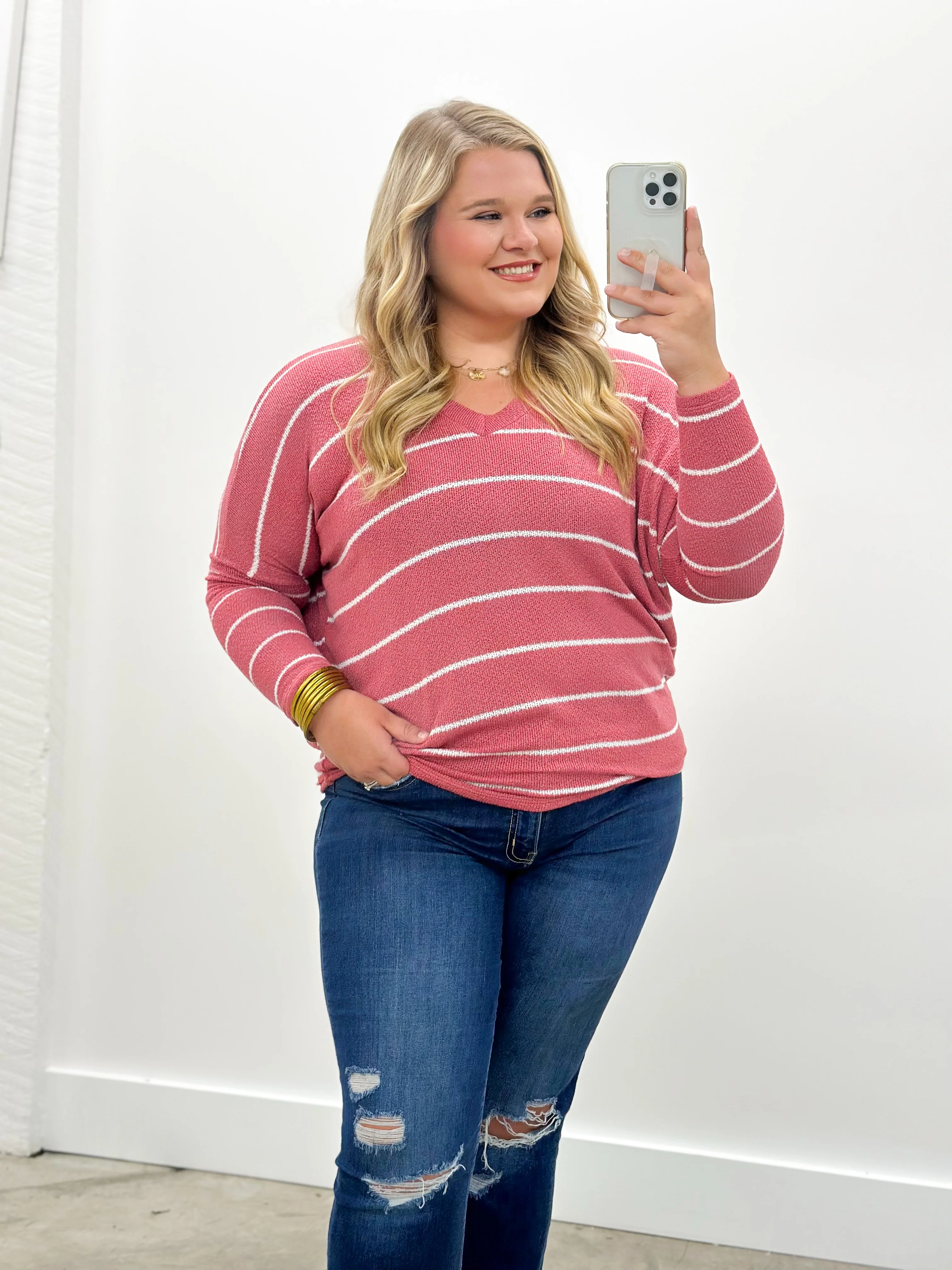 Mauve and White Long Sleeve V-Neck Stripe Dolman Top - Image 3