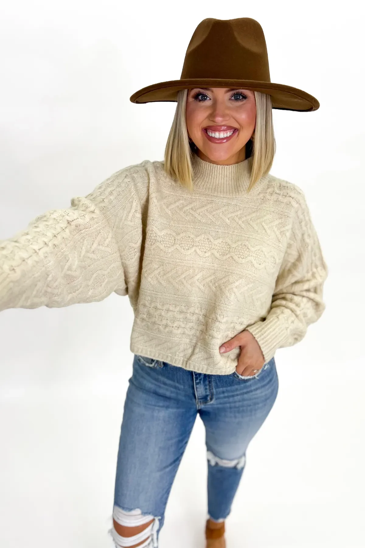 Cloud Cream Cable Knit Cropped Sweater - Image 3