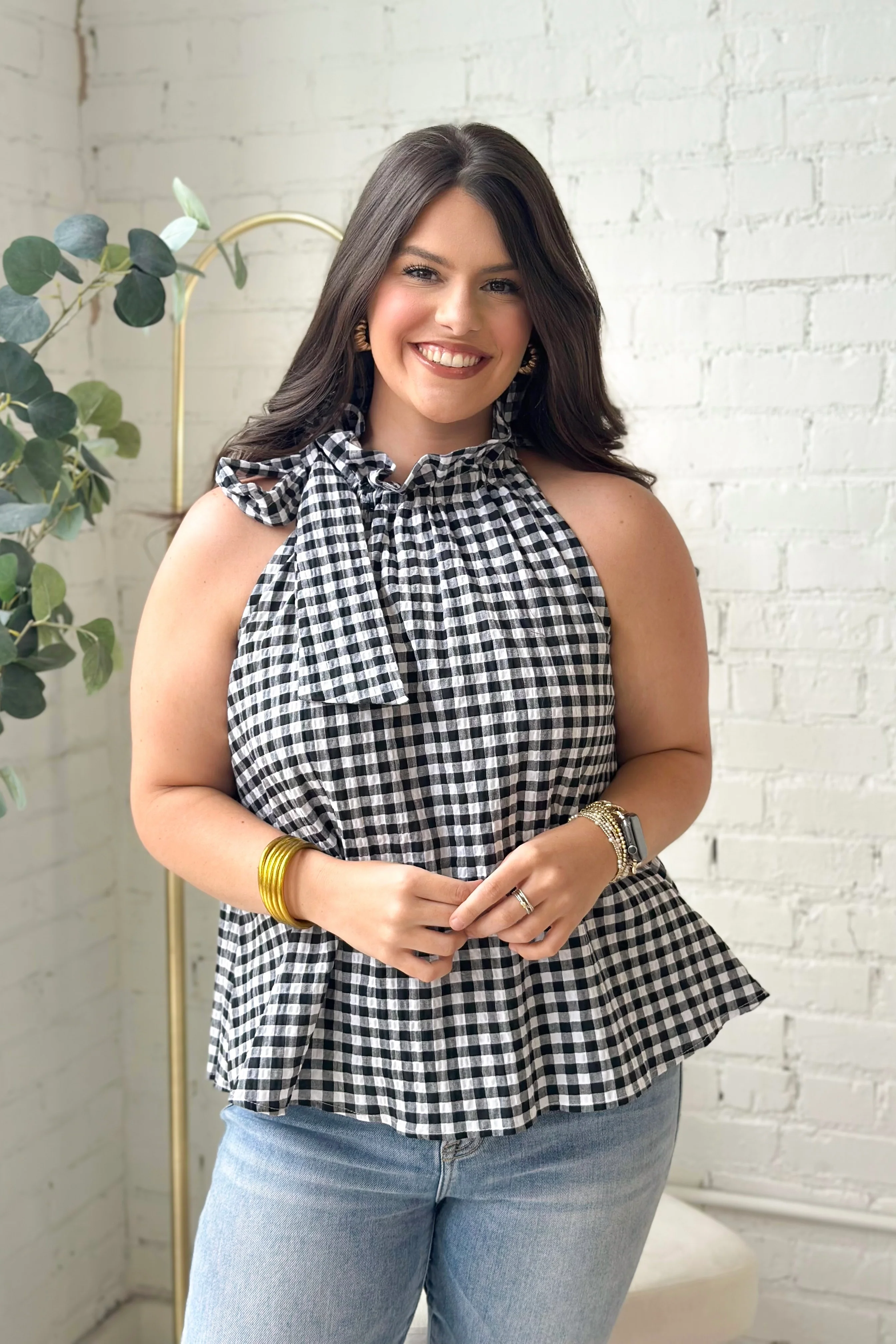 Black Gingham Tie Neck Sleeveless Top - Image 3