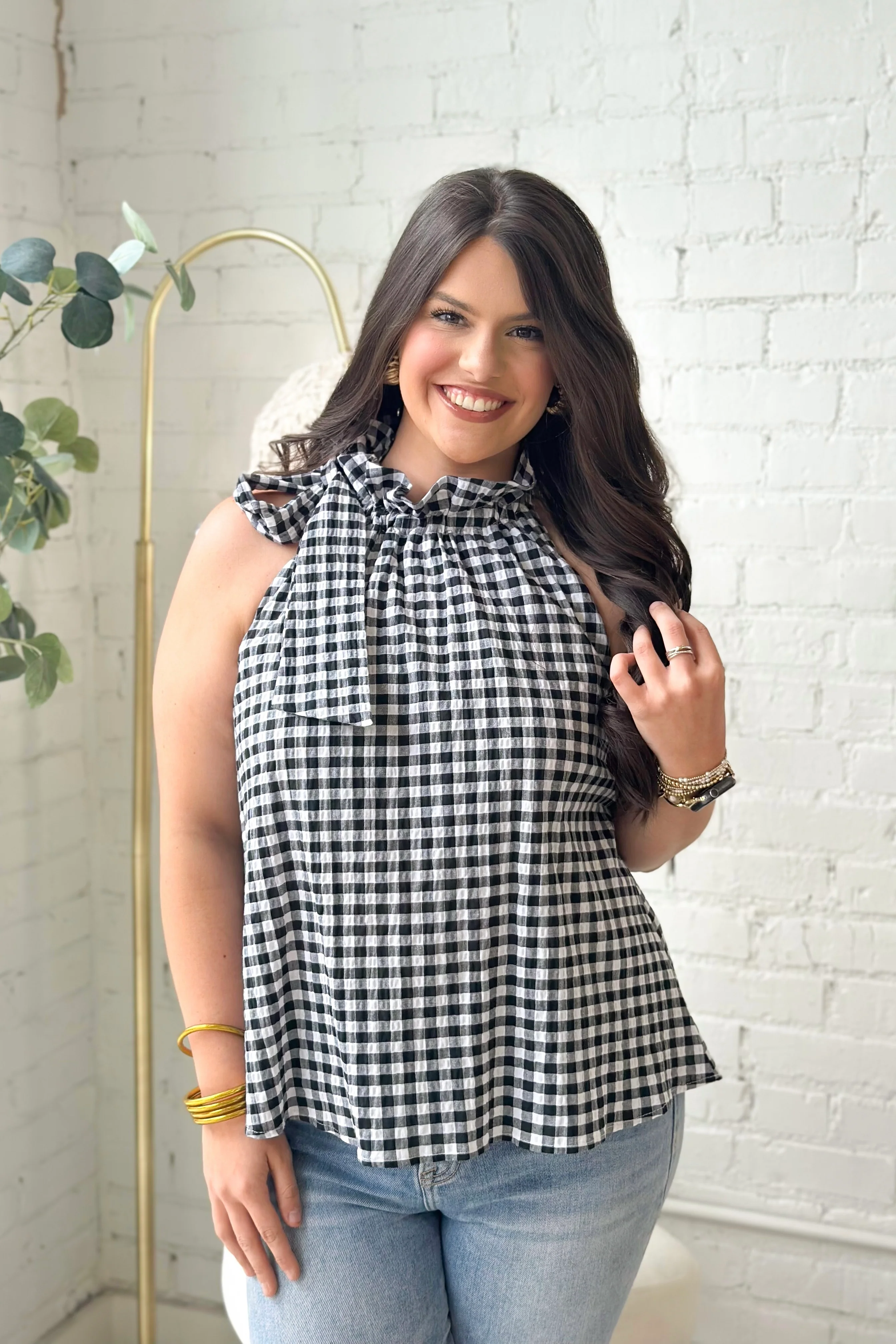 Black Gingham Tie Neck Sleeveless Top - Image 4