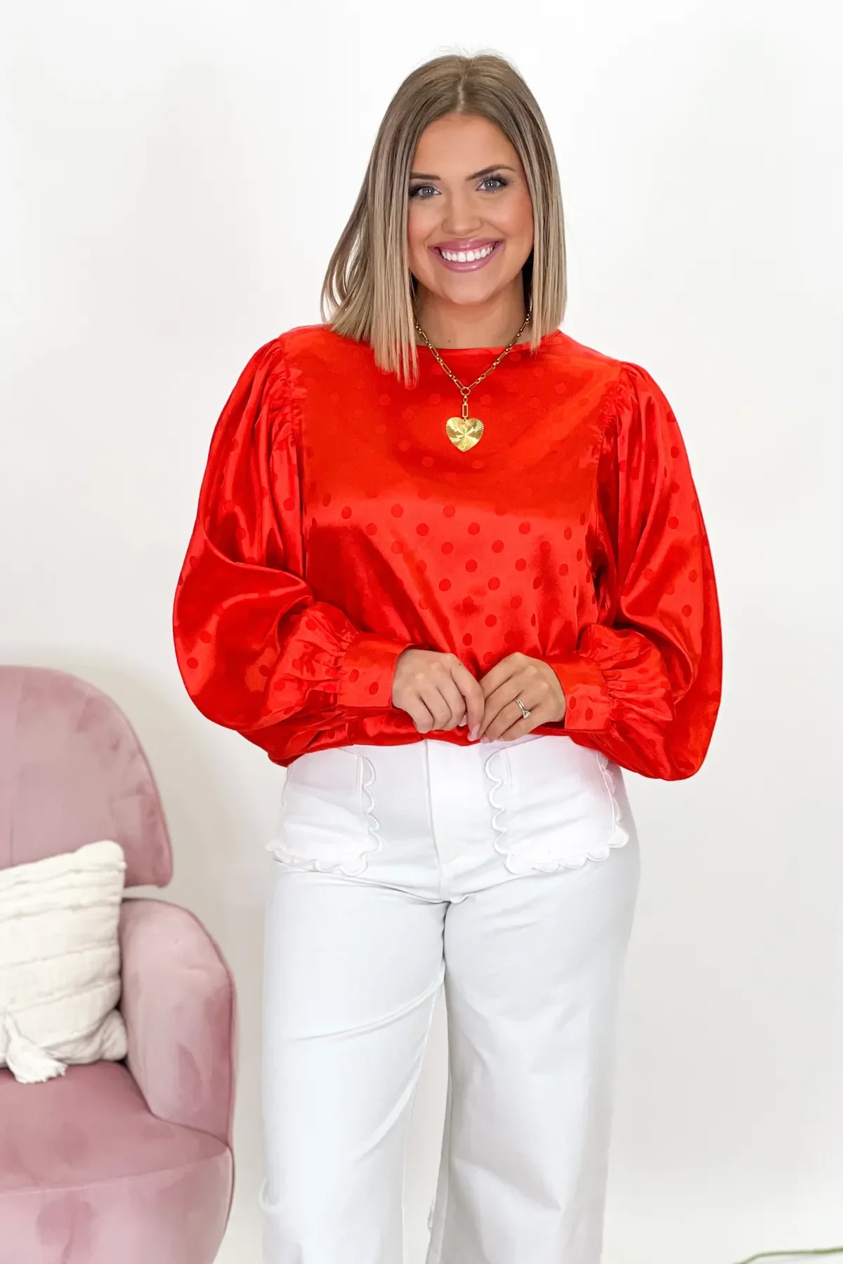 Red Dot Printed Satin Long Sleeve Top - Image 3